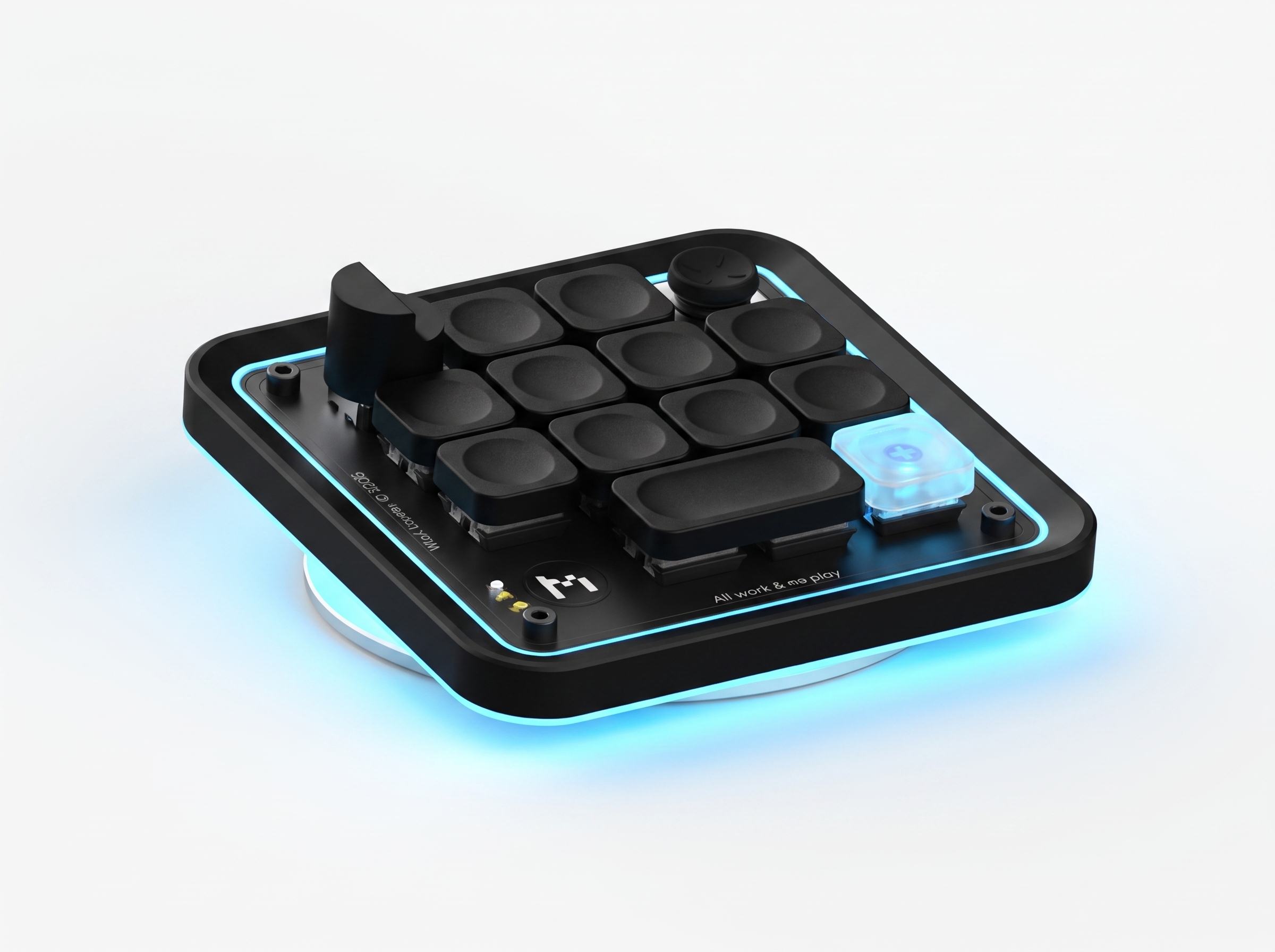 The AuditKeyboard: a matte black desk keypad glowing light blue from beneath, with a rotary encoder, a joystick, a frosted key and a wide 2U key.